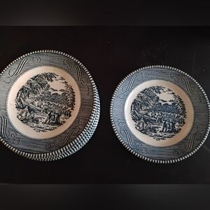 Vintage Currier & Ives "The Harvest" Blue & White Transferware Plates  Set of 8